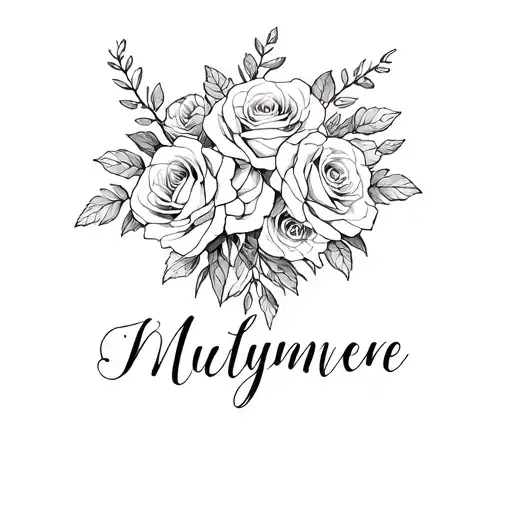 A Sketch Style Tattoo Of A Romantic Hidden Name Surrounded By A Bouquet Of Intricate Floral Roses