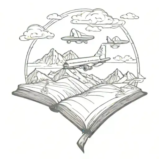 An Airplane Flying Over A Mountain Range With A Book As A Trail In Black-grey Style
