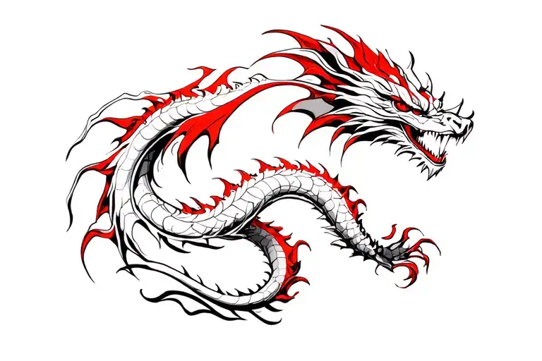 Dragon With Long Waves Of Black Red