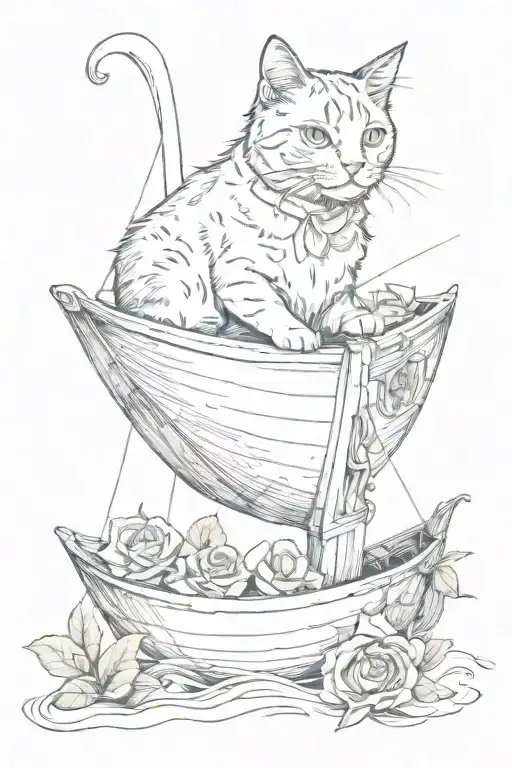 And Cat Sitting On A Boat On A Rough Ocean With A Rose Painted On The Boat