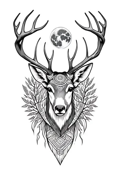 Deer Head Surrounded Aztec Spirit Moon Trees
