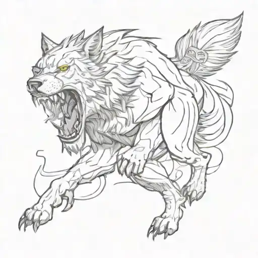 A Sketch Style Illustration Of A Wolf In A Fierce Stance With A Sword In Its Mouth For A Back
