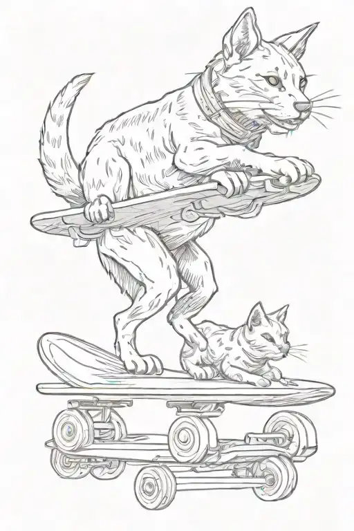 A Playful Tattoo Of A Dog And Cat Sharing A Skateboard Ride