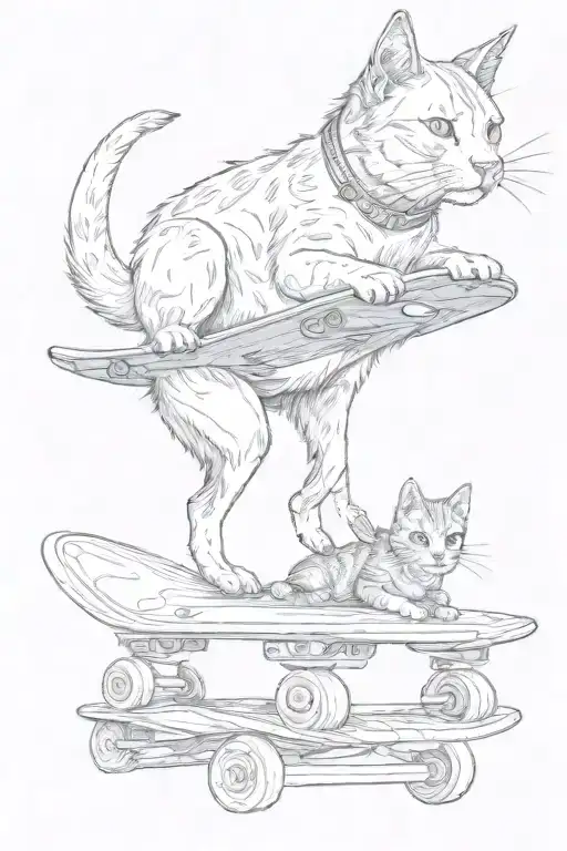 A Playful Tattoo Of A Dog And Cat Sharing A Skateboard Ride