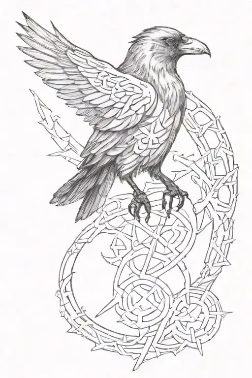 A Crow With Viking Runes For Forearm Sleeve