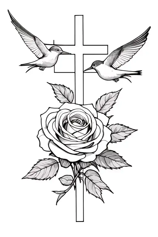 A Rose With Swallows And A Cross In The Background