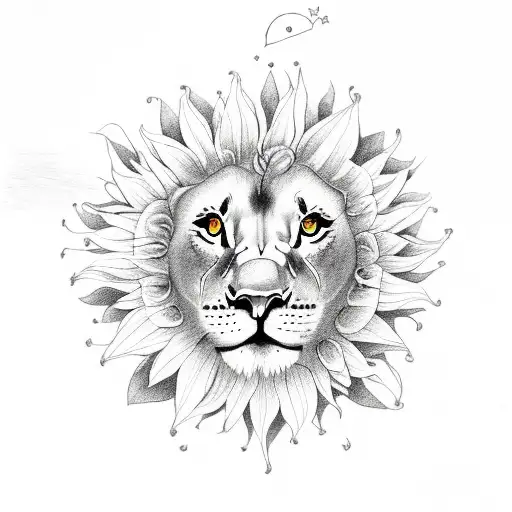 Lily Flowers And 3 Tiny Red-eyed Tree Frogs Lion's Face With Sunflowers Stars And Leo Constellation