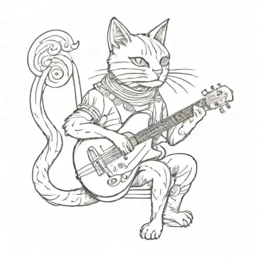 A Sketch Style Tattoo Of A Cat Playing A Musical Instrument In A Balkan-inspired Setting