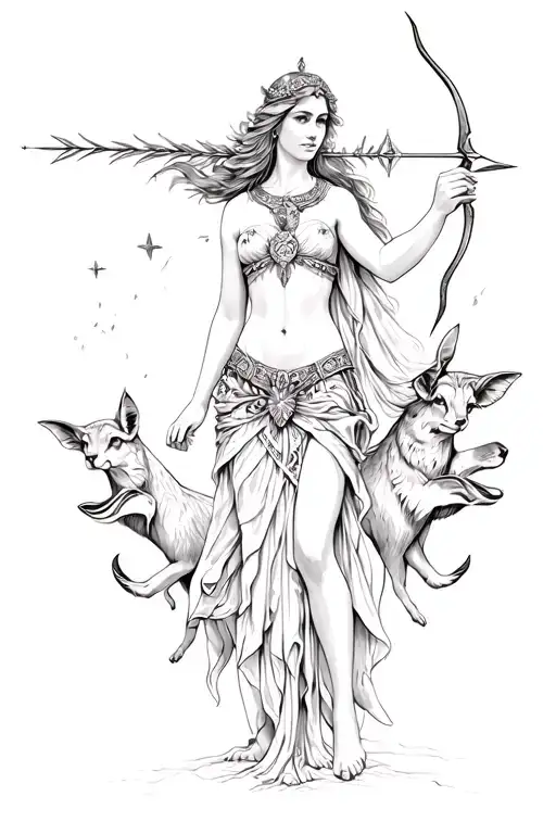 Goddess Artemis Drawing Her Arrow With Animals Surrounding Her