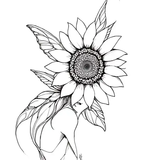 Mix Between A Fairy And A Suflower Where The Center Of The Sunflower Is The Face Of The Fairy