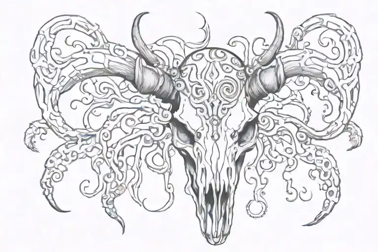 Antelope Skull With Many Eyes And Jellyfish Floating