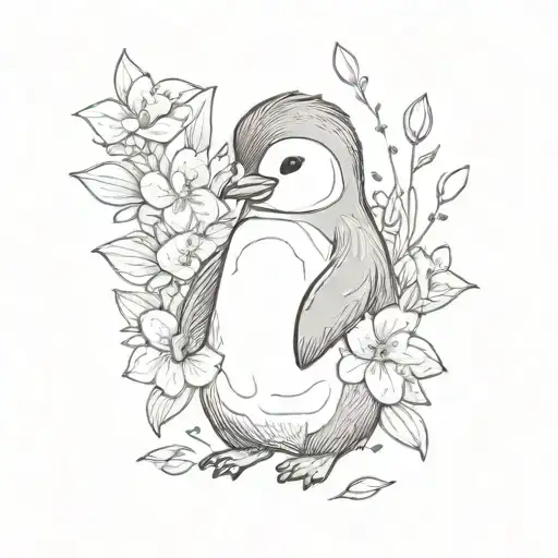 Cute Baby Penguin Holding Flowers Blooming Flower Growing