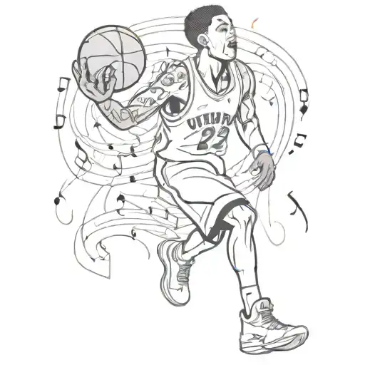 A Basketball Player In Nba Uniform Surrounded By Disney-themed Music Notes In Sketch Style