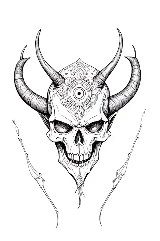 Skull Demon With Horns And Third Eye On Forehead