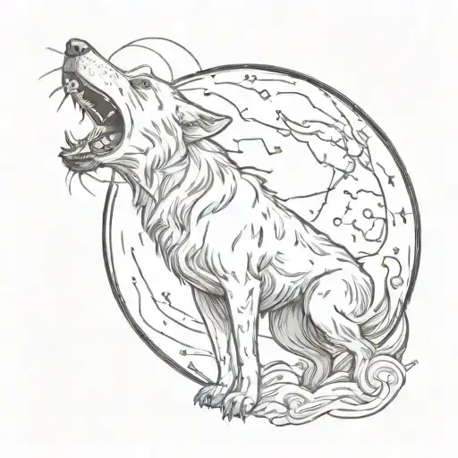 A Sketch Style Tattoo Of A Dog Howling At The Moon In A Supernatural Setting