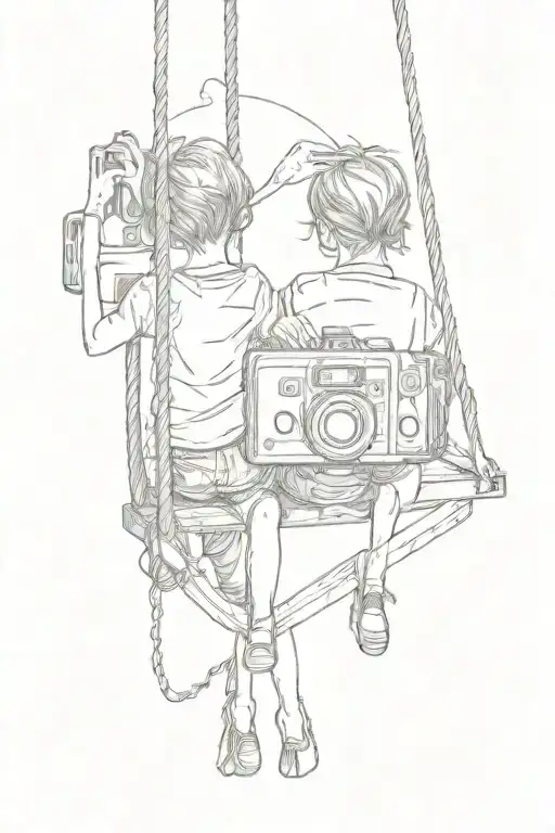 Camera With Two Children From Behind On A Swing In The Lens