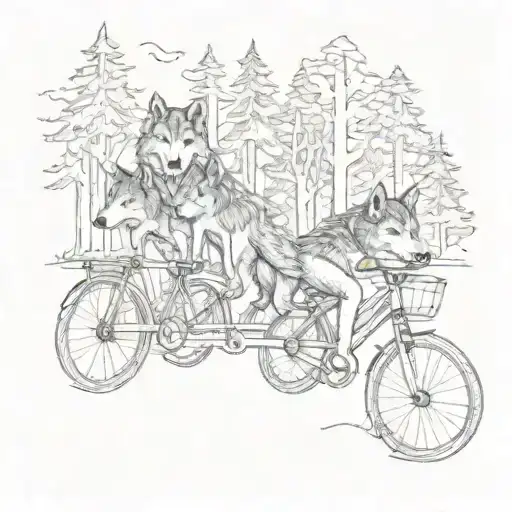 A Sketch Style Tattoo Of A Pack Of Wolves Riding Bicycles Through A Forest