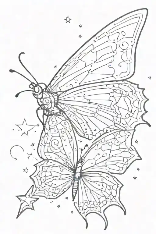 Create A Small Line-work Butterfly Tattoo Whose Wing Pattern Is Made Up Of Stars And Space Dust