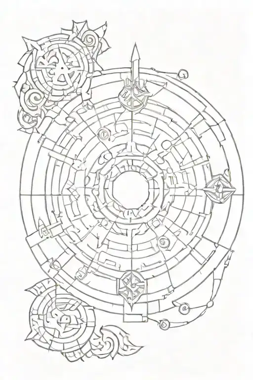 A Mystical Rune Circle With Elements Of Video Game Symbols And Futuristic Technology