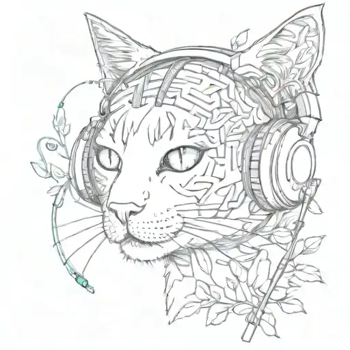 A Cat With Headphones Hiking Through A Forest Of Musical Notes
