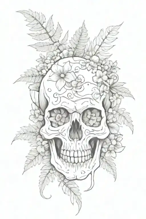 Skull With Ferns Mushrooms Flowers