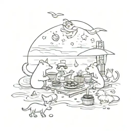 A Pastry Chef And Animals Having A Picnic On The Beach With Music Notes Floating In The Air