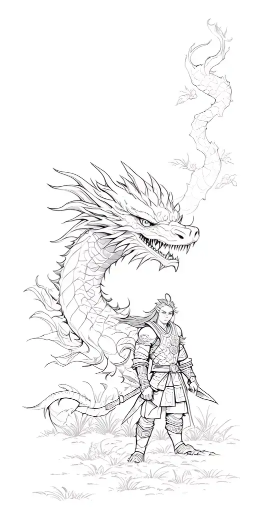 Black And White Warrior In A Garden Setting With A Coloured Japanese Dragon