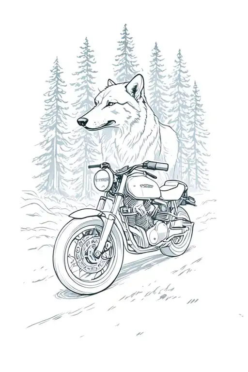 Motorcycle On A Forest Road With A Wolf In The Background