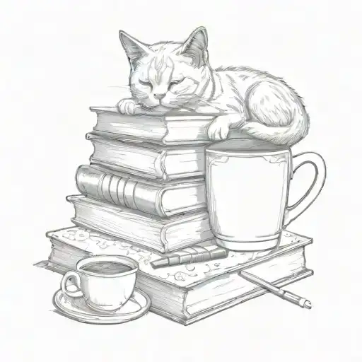 A Detailed Pencil Sketch Of A Cat Lounging On A Stack Of Art Books Surrounded By Coffee Cups