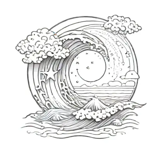 A Sketch Style Tattoo Of A Galaxy Merging With Ocean Waves On The Beach