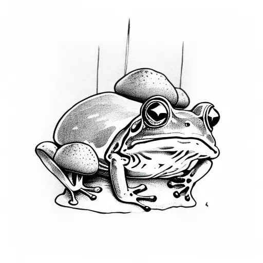 Frog On Top Of Mushroom With 2 Others Frogs On The Bottom On The Side Of The Mushroom