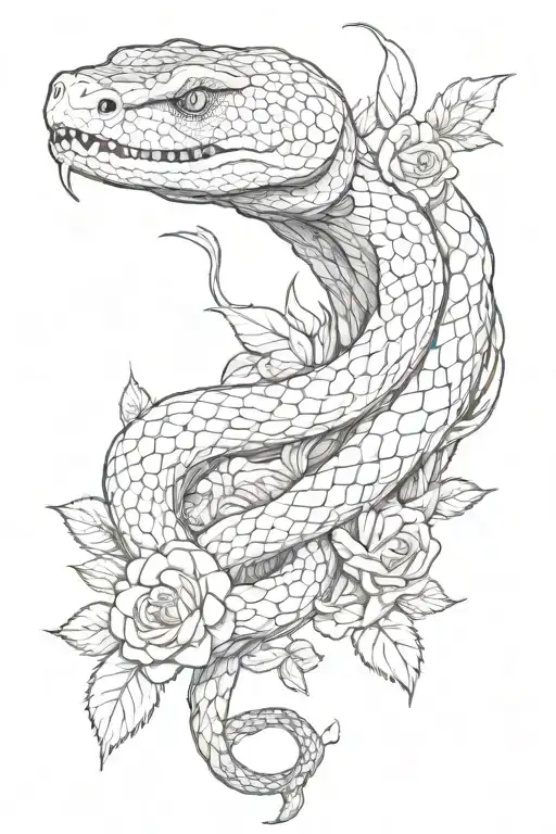 Agresive Full Body Snake With Tooth And Long Tonge With Open Eyes Looking Up And Roses Surrounding