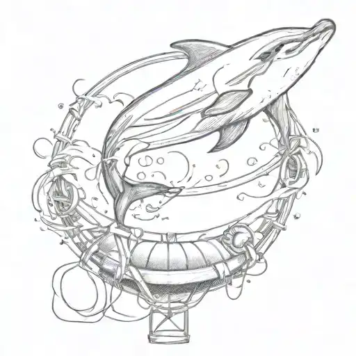 A Sketch-style Tattoo Of A Dolphin Jumping Through A Hoop Made Of Sports Equipment