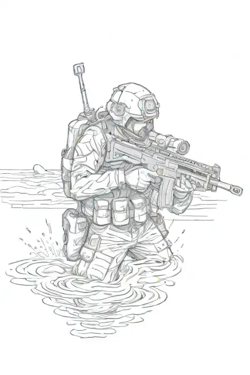 Machine Gunner Wading Through Water Looking Away