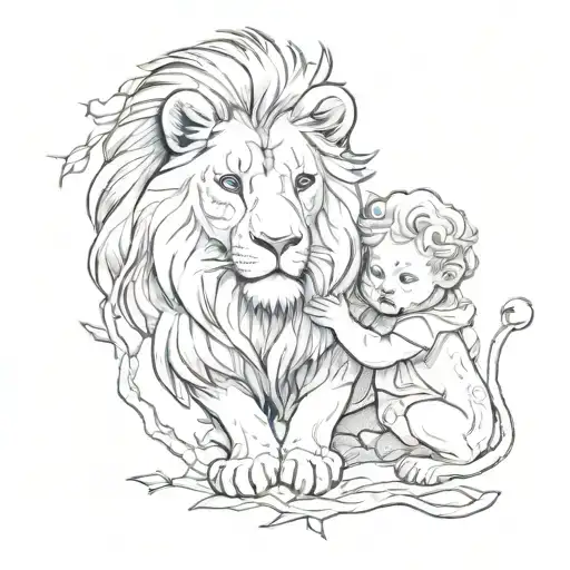 A Lion And Baby Girl Playing Together In A Family Tree