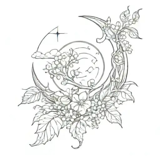 Crescent Moon With Nature And A Sun Hanging By A Vine From Top Of Moon
