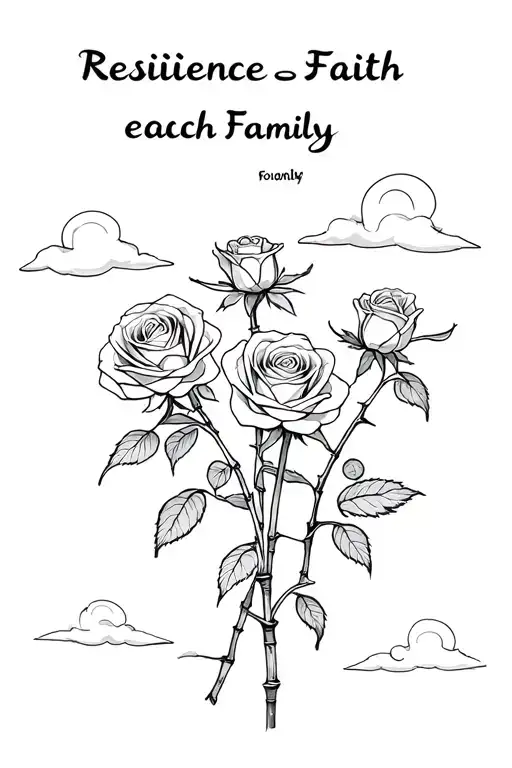 3 Roses Words Resilience Faith Family On Each Stem With Bamboos And Clouds In The Background