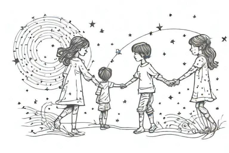 A Silhouette Of Siblings Holding Hands Under A Starry Sky With Music Notes Floating Above