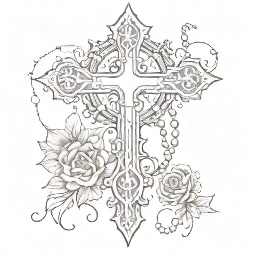 A Sketch-style Tattoo Of A Cross With Rosary Beads Intertwined Throughout The Design