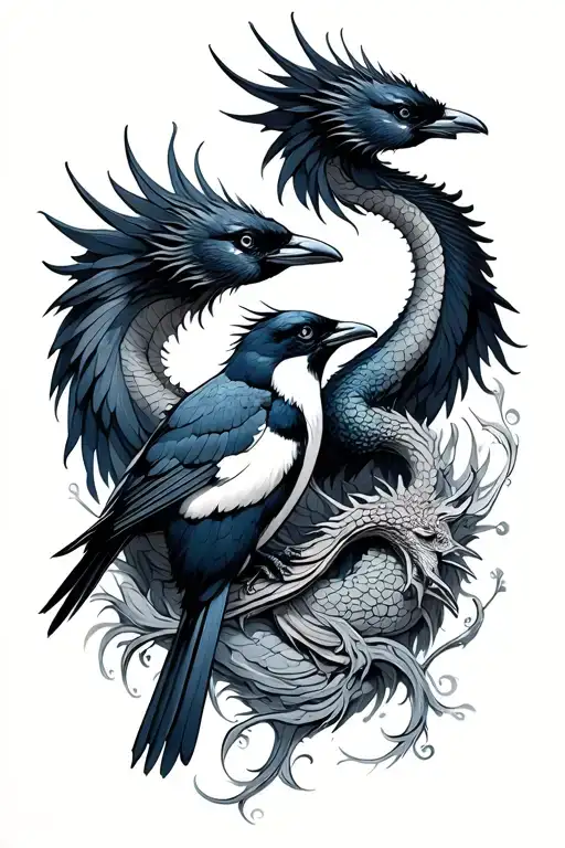 Two Magpies And Dragon Wrapped