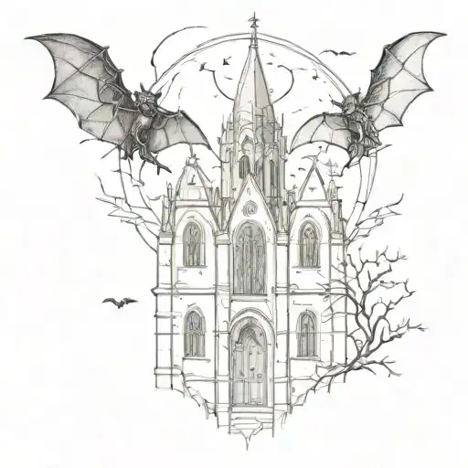 A Gothic Church In Cybersigilism Style On Forearm Tattoo With Bats