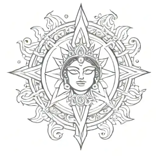 A Sketch Style Tattoo Of A Devi Trident Surrounded By Swirling Chakra Symbols