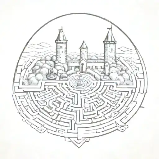 Labyrinth With Castle And Train Track Amd Bell