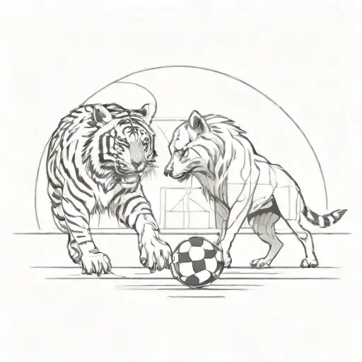 A Fierce Tiger And Wolf Facing Off In A Soccer Stadium