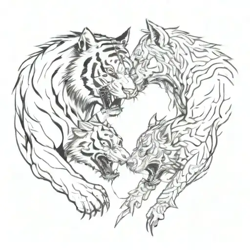 A Fierce Tiger And Wolf Facing Off In A Fierce Battle