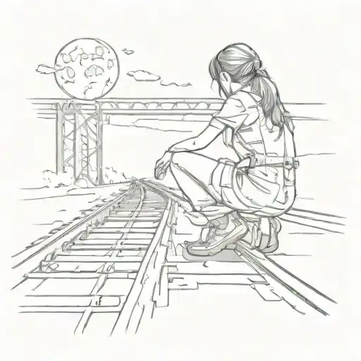Moon Above Train Tracks Girl Bending Over