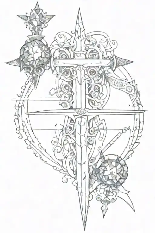 Sword Going Down Spine Shoulder Blade To Panty Line With Word Manifestation And Gemstones