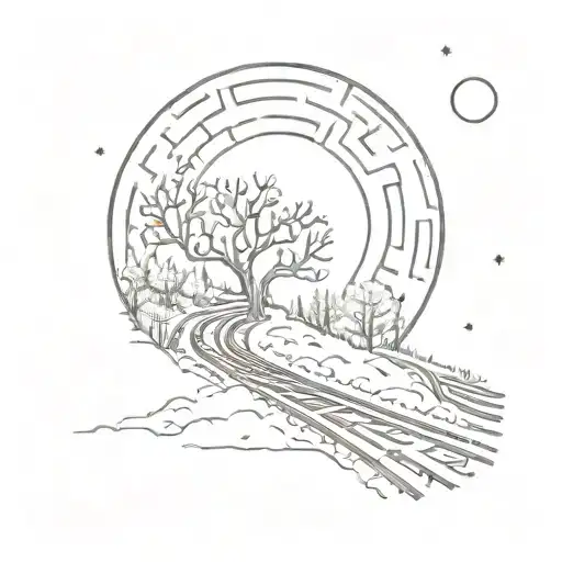 Night Sky Train Tracks Moon Winter Trees With A Maze Surrounding