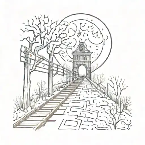 Night Sky Train Tracks Bridge Moon Winter Trees With A Maze Surrounding