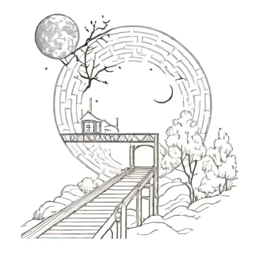 Night Sky Train Tracks Bridge Moon Winter Trees With A Maze Surrounding